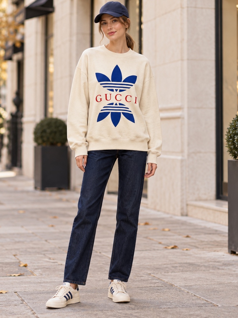 Cream Crewneck with Bold Blue Logo and Red Lettering
